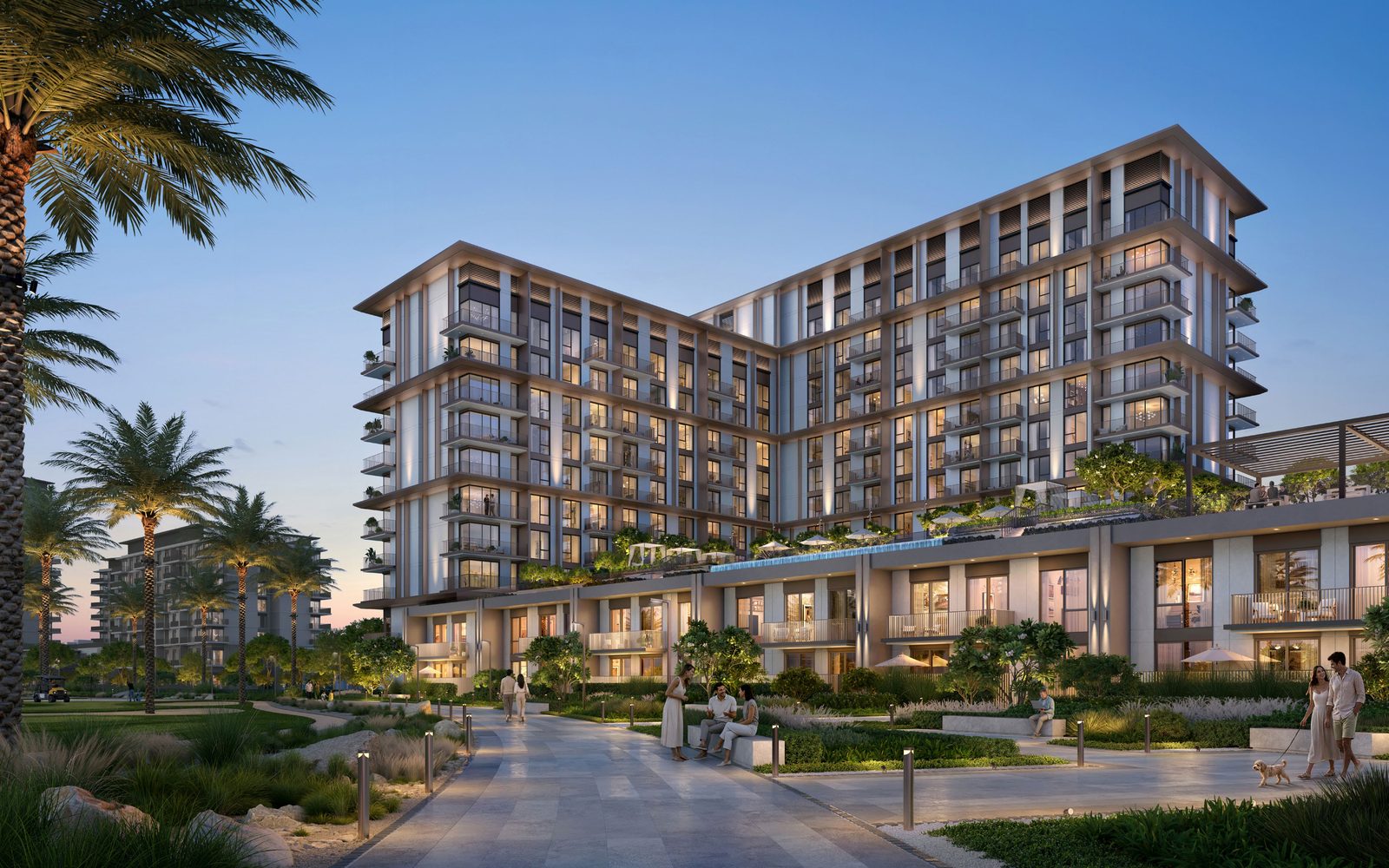 Apartment buildings and gardens at Golf Trails, Emaar South