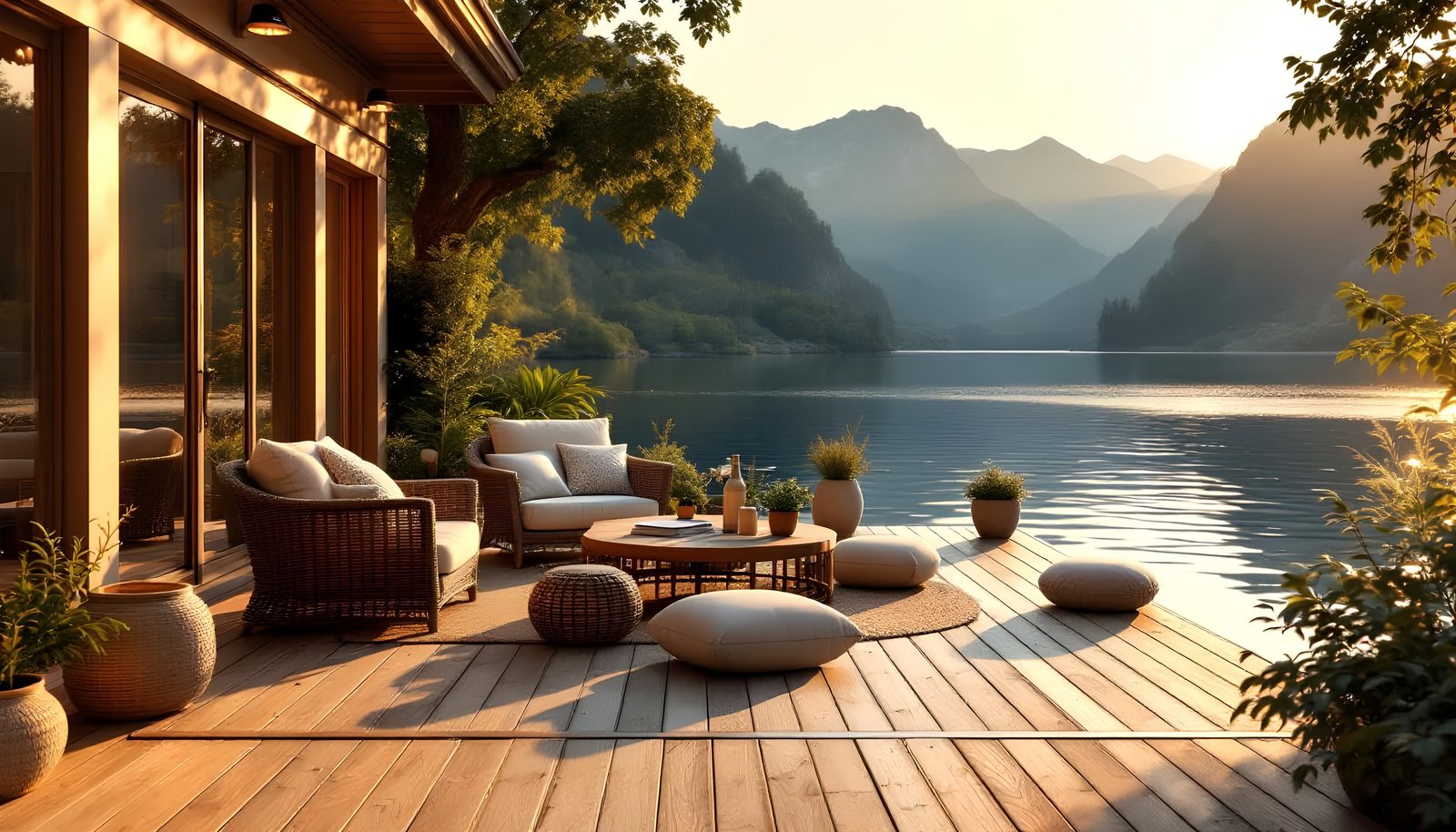 Lakeside deck at sunrise in the Konkan hills