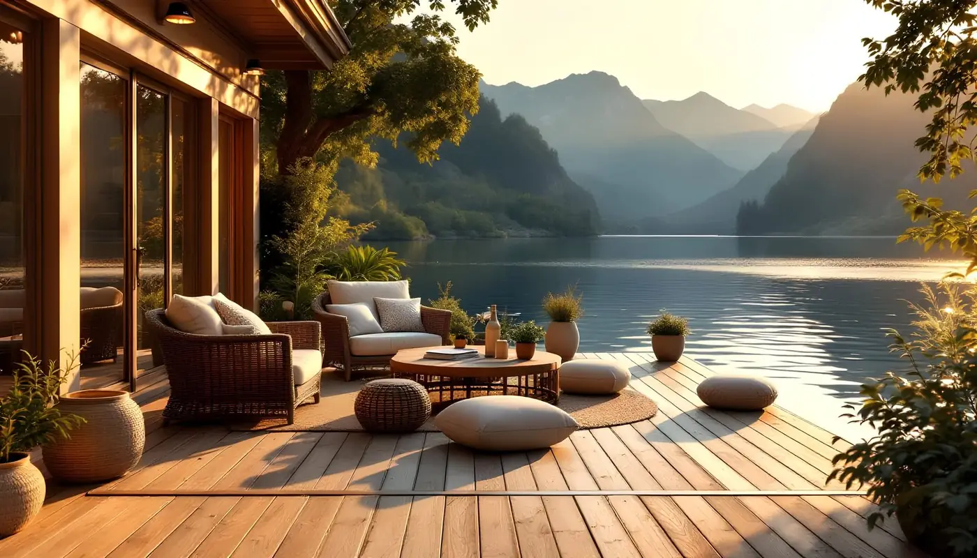 Lakeside deck at sunrise in the Konkan hills