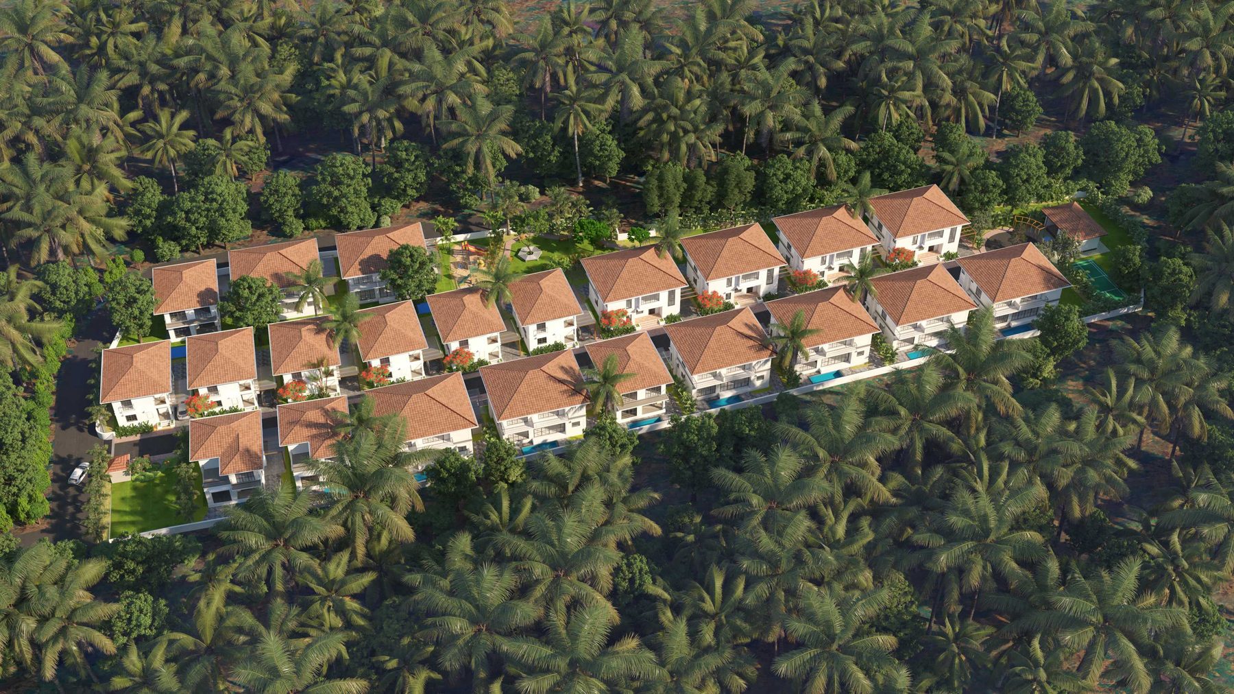 Aerial view of a gated villa community among palms in Benaulim, South Goa